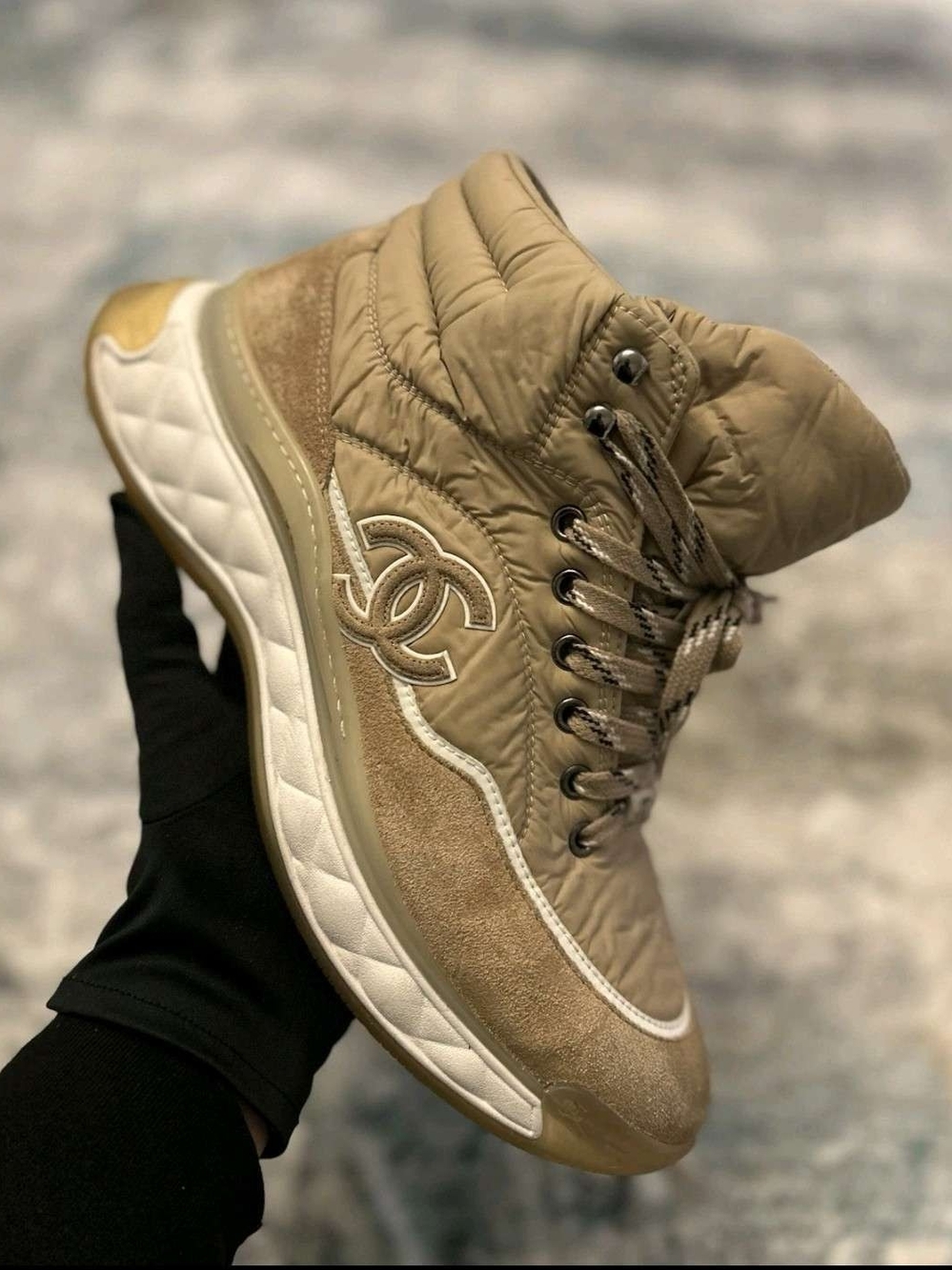 CHANEL Beige Coco Sneaker Bootie With Puffer Detail. Size 42 W12 Fits M9